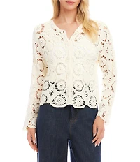Karen Kane Crochet Scoop Neck Long Sleeve Scalloped Hem Button Front Jacket