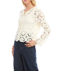Karen Kane Crochet Scoop Neck Long Sleeve Scalloped Hem Button Front Jacket