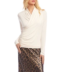 Karen Kane Crossover V-Neck Long Sleeve Side Shirred Faux Wrap Top