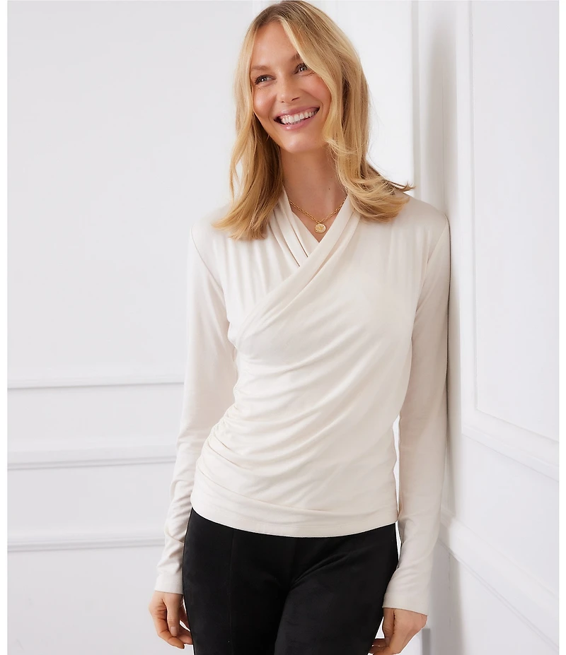 Karen Kane Crossover V-Neck Long Sleeve Side Shirred Faux Wrap Top