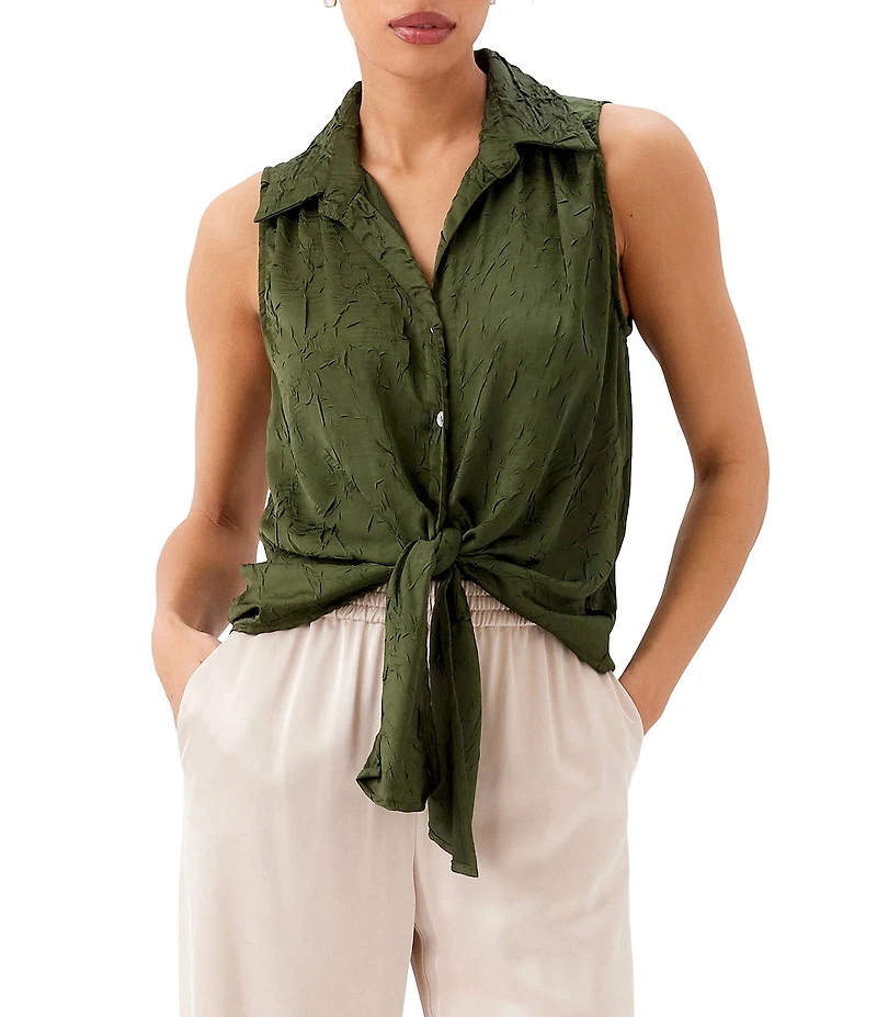 Karen Kane Crushed Satin Point Collar Sleeveless Button Front Tie Shirt
