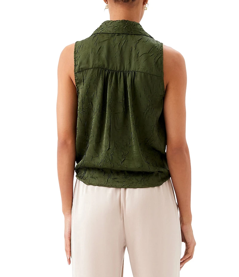 Karen Kane Crushed Satin Point Collar Sleeveless Button Front Tie Shirt