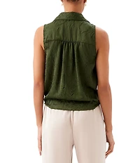 Karen Kane Crushed Satin Point Collar Sleeveless Button Front Tie Shirt