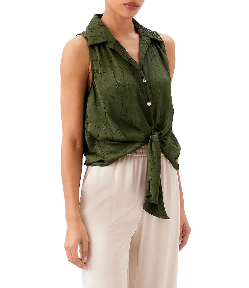 Karen Kane Crushed Satin Point Collar Sleeveless Button Front Tie Shirt