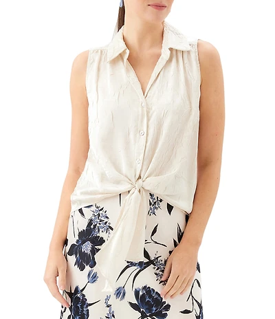 Karen Kane Crushed Satin Point Collar Sleeveless Button Front Tie Shirt
