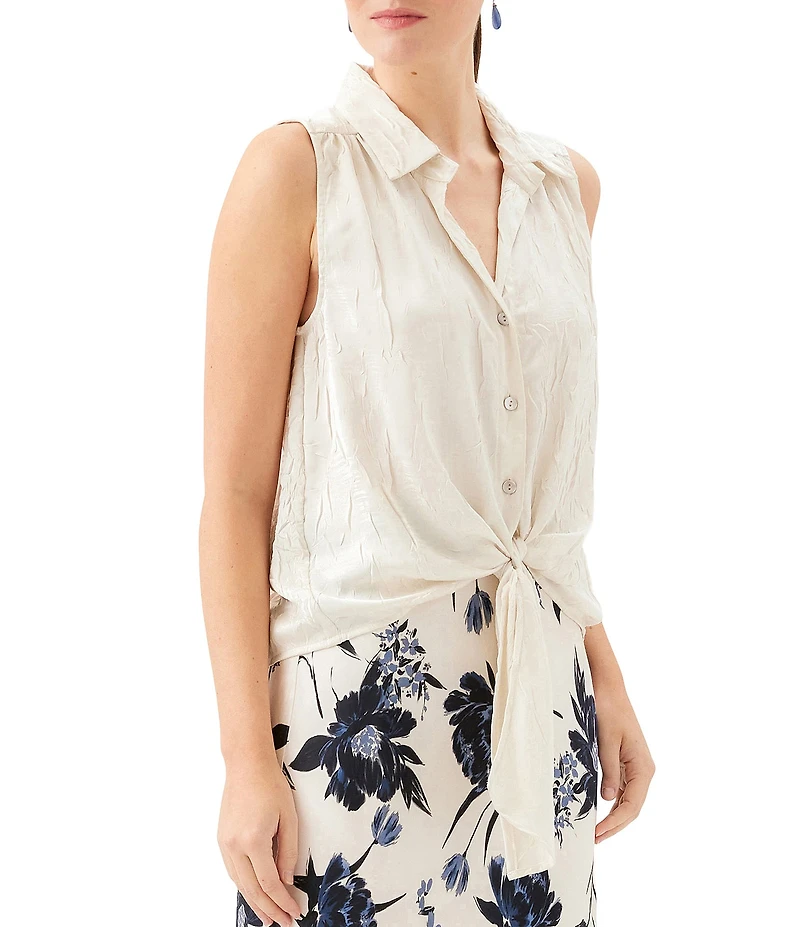 Karen Kane Crushed Satin Point Collar Sleeveless Button Front Tie Shirt
