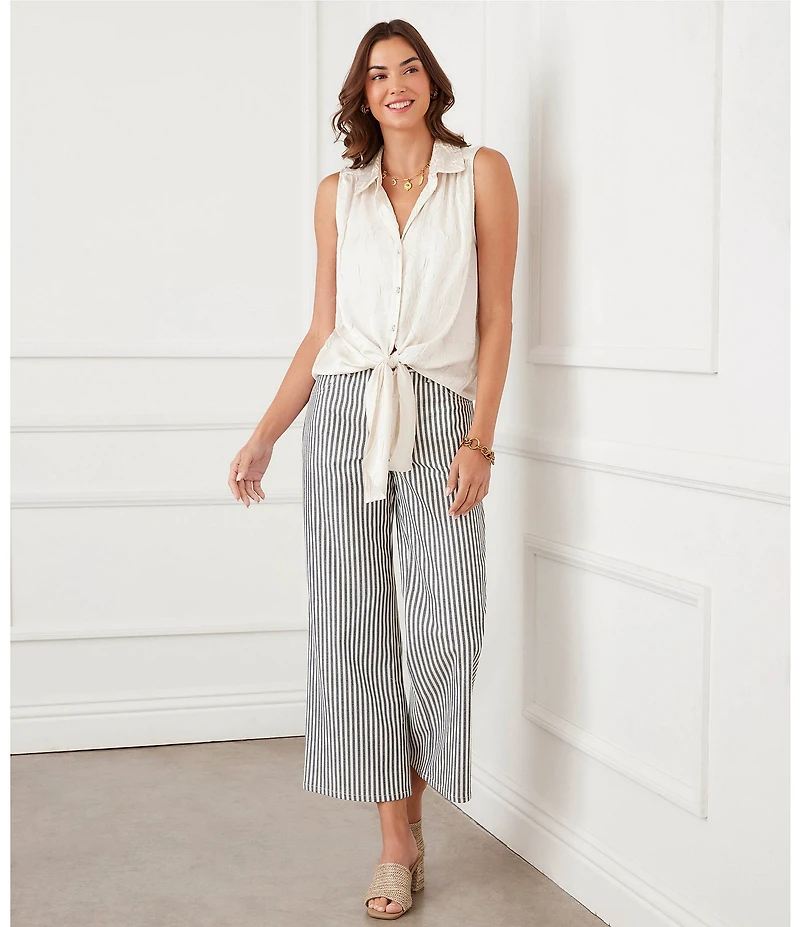 Karen Kane Crushed Satin Point Collar Sleeveless Button Front Tie Shirt