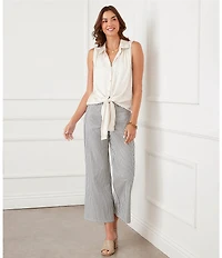 Karen Kane Crushed Satin Point Collar Sleeveless Button Front Tie Shirt