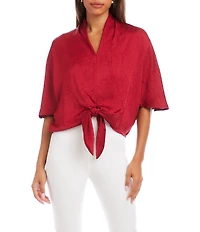 Karen Kane Crushed Satin V-Neck Short Flared Sleeve Tie Front Top