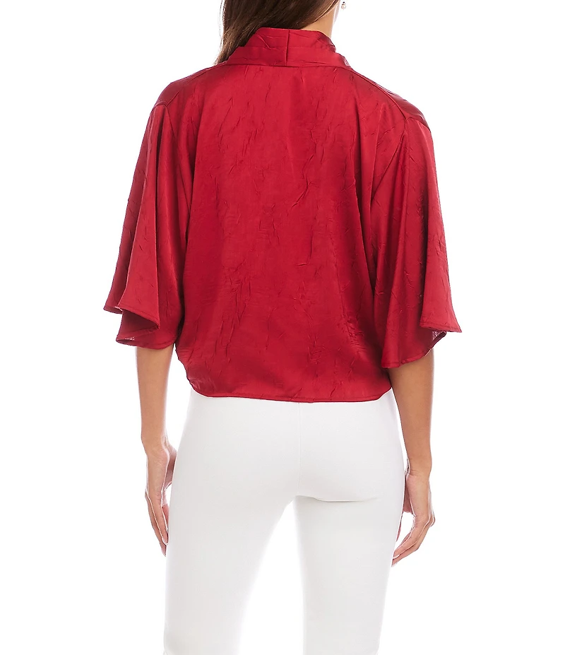 Karen Kane Crushed Satin V-Neck Short Flared Sleeve Tie Front Top