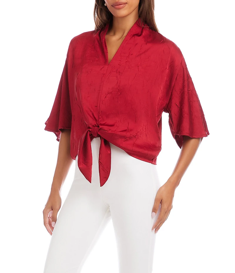 Karen Kane Crushed Satin V-Neck Short Flared Sleeve Tie Front Top