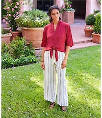 Karen Kane Crushed Satin V-Neck Short Flared Sleeve Tie Front Top