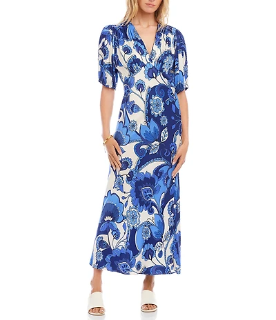 Karen Kane Cupro Morning Glory V-Neck Short Puff Sleeve Slip Midi Dress