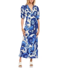 Karen Kane Cupro Morning Glory V-Neck Short Puff Sleeve Slip Midi Dress