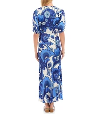Karen Kane Cupro Morning Glory V-Neck Short Puff Sleeve Slip Midi Dress