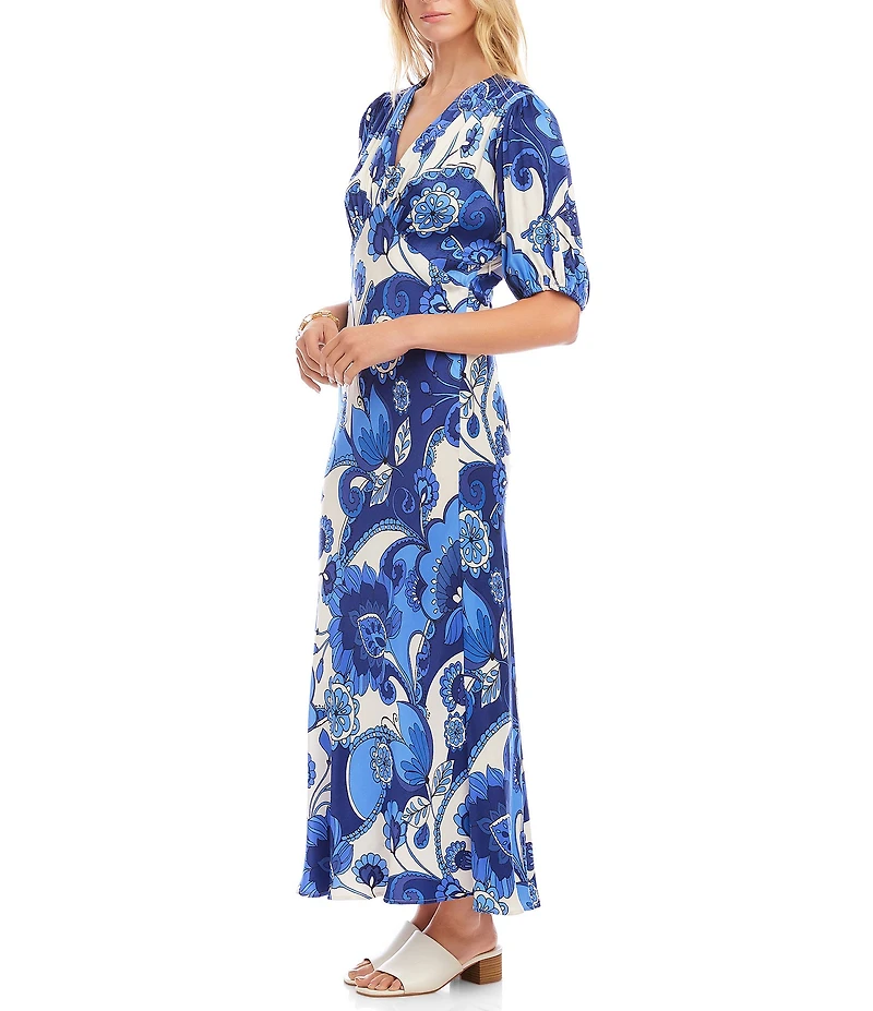 Karen Kane Cupro Morning Glory V-Neck Short Puff Sleeve Slip Midi Dress