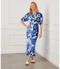 Karen Kane Cupro Morning Glory V-Neck Short Puff Sleeve Slip Midi Dress