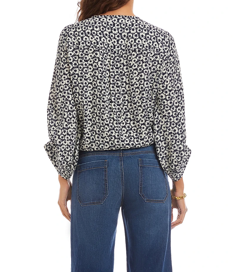 Karen Kane Daisy Crepe Printed V-Neck 3/4 Blouson Tie Front Top
