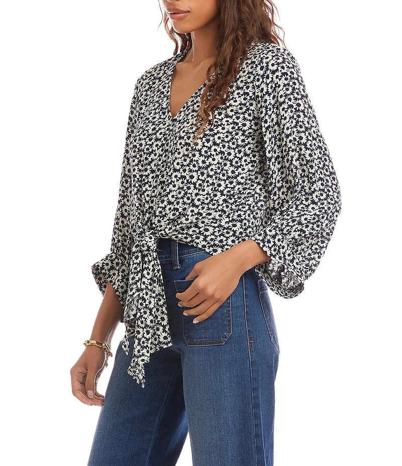 Karen Kane Daisy Crepe Printed V-Neck 3/4 Blouson Tie Front Top