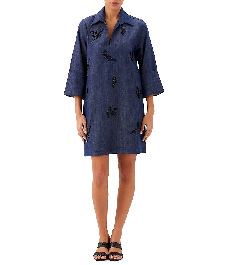 Karen Kane Denim Embellished Point Collar 3/4 Cuffed Sleeve Shift Dress
