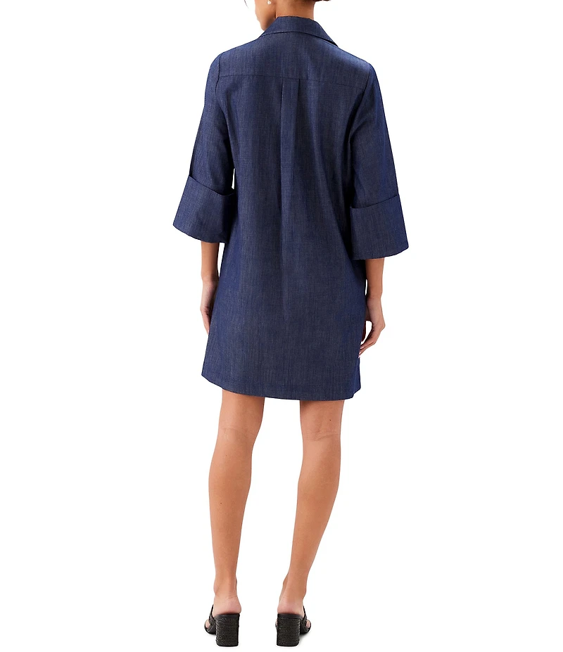 Karen Kane Denim Embellished Point Collar 3/4 Cuffed Sleeve Shift Dress