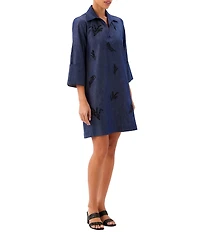 Karen Kane Denim Embellished Point Collar 3/4 Cuffed Sleeve Shift Dress