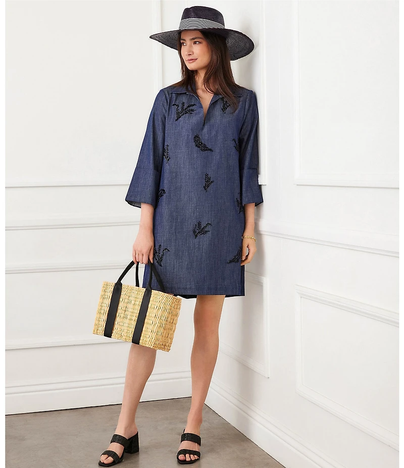 Karen Kane Denim Embellished Point Collar 3/4 Cuffed Sleeve Shift Dress