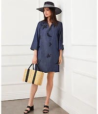 Karen Kane Denim Embellished Point Collar 3/4 Cuffed Sleeve Shift Dress