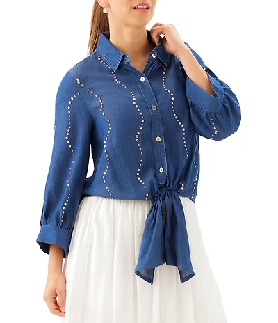 Karen Kane Denim Gemstone Point Collar 3/4 Blouson Sleeve Button Tie Front Blouse