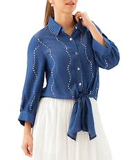 Karen Kane Denim Gemstone Point Collar 3/4 Blouson Sleeve Button Tie Front Blouse