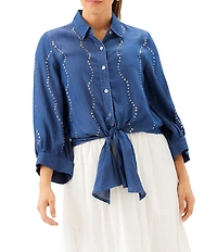 Karen Kane Denim Gemstone Point Collar 3/4 Blouson Sleeve Button Tie Front Blouse