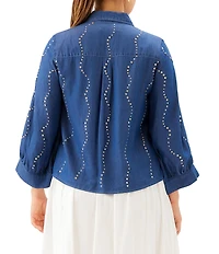 Karen Kane Denim Gemstone Point Collar 3/4 Blouson Sleeve Button Tie Front Blouse