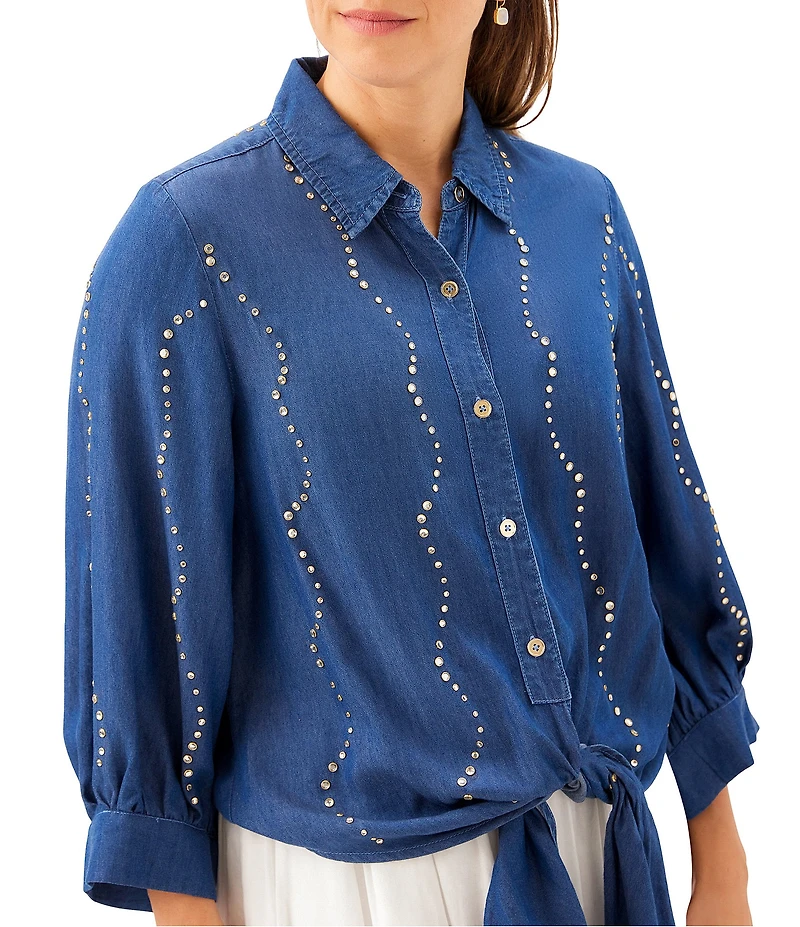 Karen Kane Denim Gemstone Point Collar 3/4 Blouson Sleeve Button Tie Front Blouse