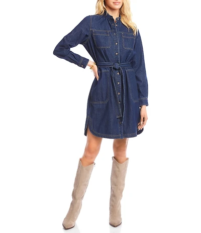 Karen Kane Denim Mandarin Collar Long Sleeve Belted Shirtdress