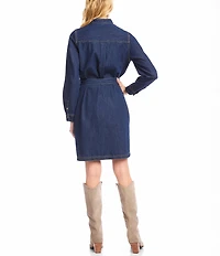 Karen Kane Denim Mandarin Collar Long Sleeve Belted Shirtdress