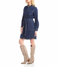 Karen Kane Denim Mandarin Collar Long Sleeve Belted Shirtdress
