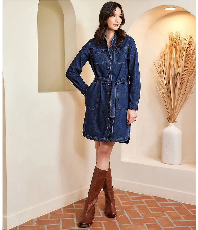 Karen Kane Denim Mandarin Collar Long Sleeve Belted Shirtdress