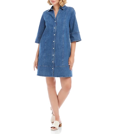 Karen Kane Denim Point Collar 3/4 Flare Sleeve Button Front Shirtdress