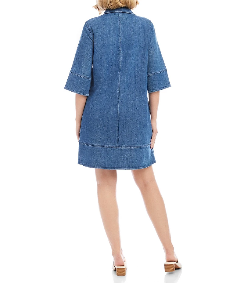 Karen Kane Denim Point Collar 3/4 Flare Sleeve Button Front Shirtdress