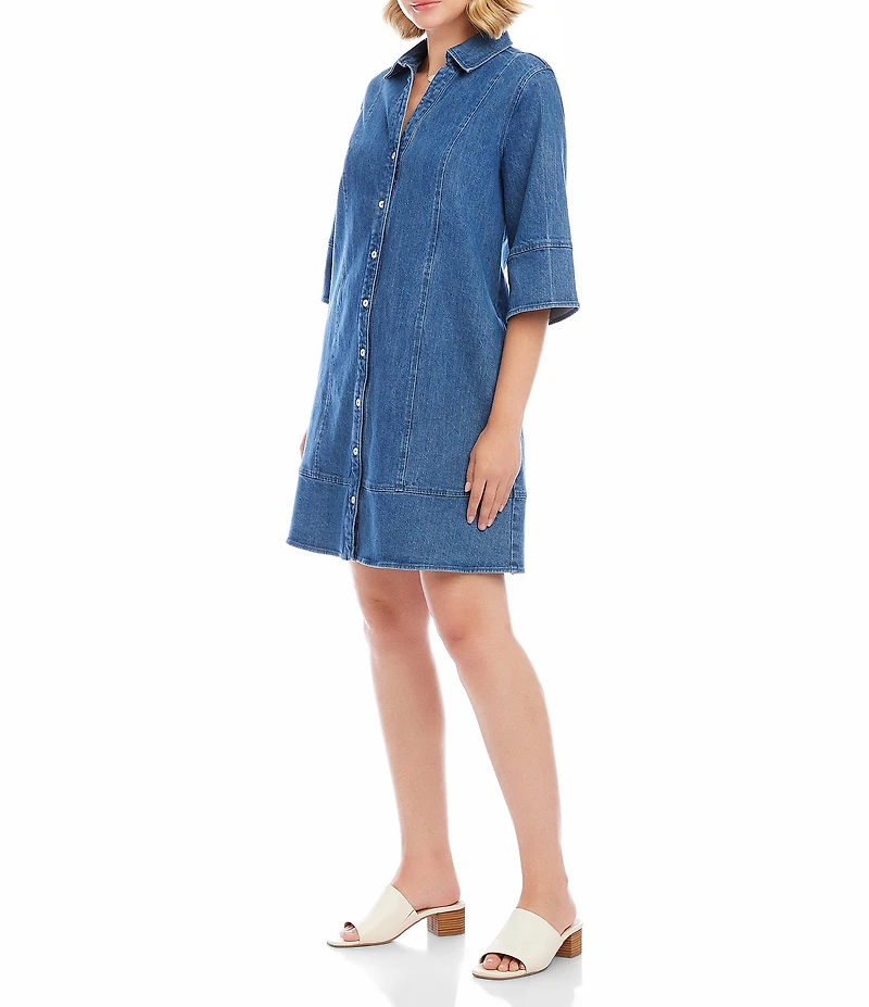 Karen Kane Denim Point Collar 3/4 Flare Sleeve Button Front Shirtdress