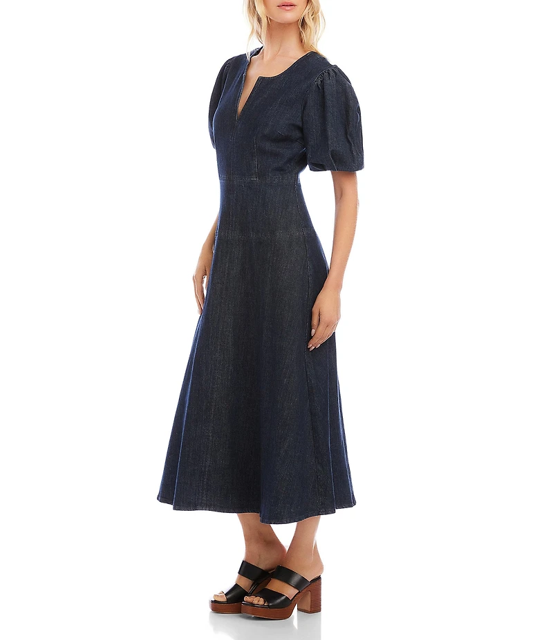 Karen Kane Denim Split V-Neck Short Puff Sleeve A-Line Midi Dress