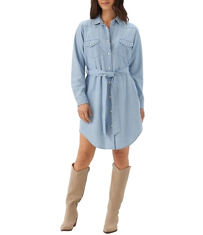 Karen Kane Denim Western Long Sleeve Belted Shirt Dress