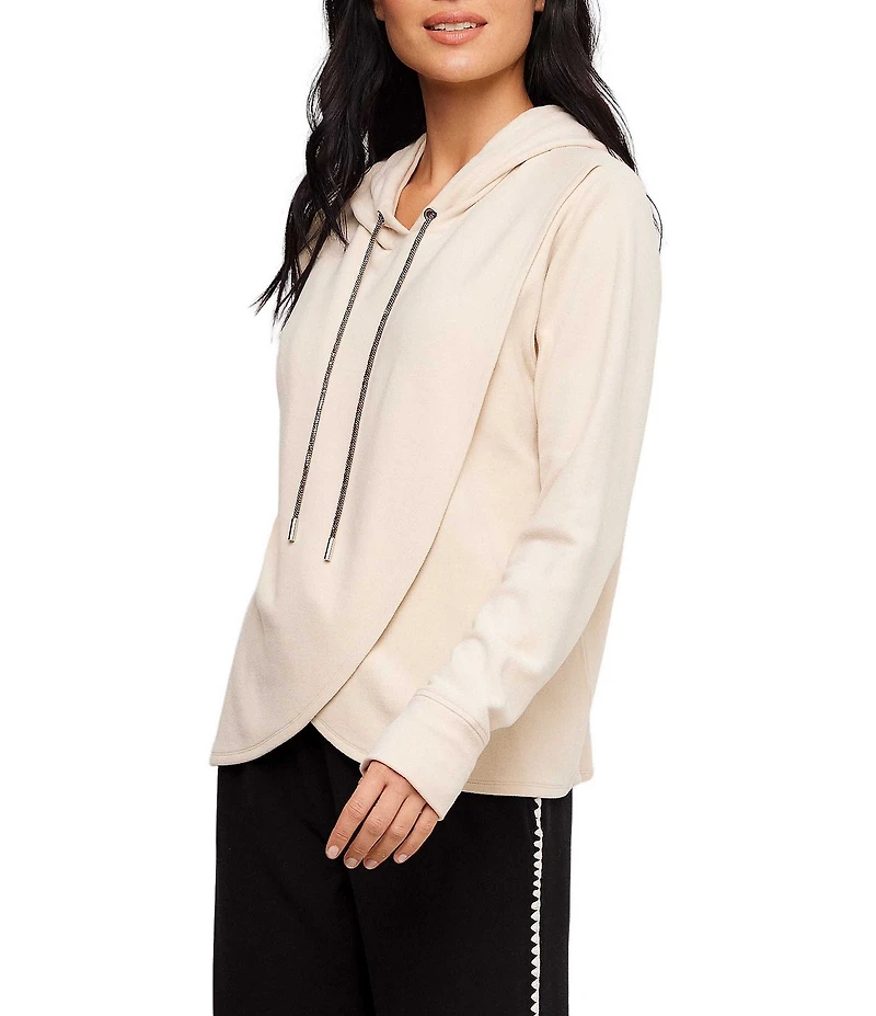 Karen Kane Double Knit Rhinestone Drawstring Crossover Long Sleeve Hooded Sweatshirt