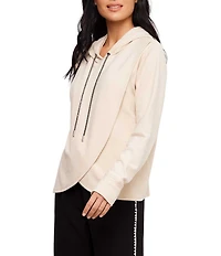 Karen Kane Double Knit Rhinestone Drawstring Crossover Long Sleeve Hooded Sweatshirt