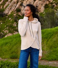 Karen Kane Double Knit Rhinestone Drawstring Crossover Long Sleeve Hooded Sweatshirt