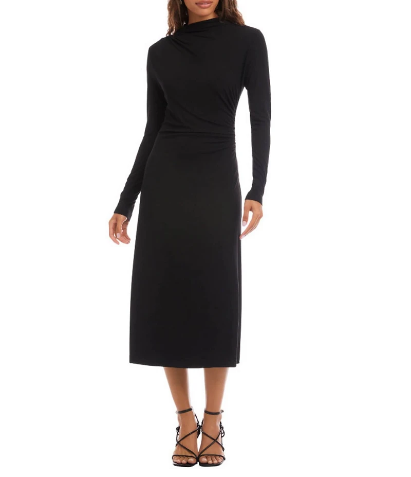 Karen Kane Elise Jersey Mock Neck Long Sleeve Side Shirring A-Line Midi Dress