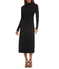 Karen Kane Elise Jersey Mock Neck Long Sleeve Side Shirring A-Line Midi Dress