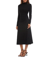 Karen Kane Elise Jersey Mock Neck Long Sleeve Side Shirring A-Line Midi Dress