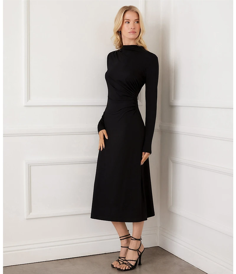 Karen Kane Elise Jersey Mock Neck Long Sleeve Side Shirring A-Line Midi Dress