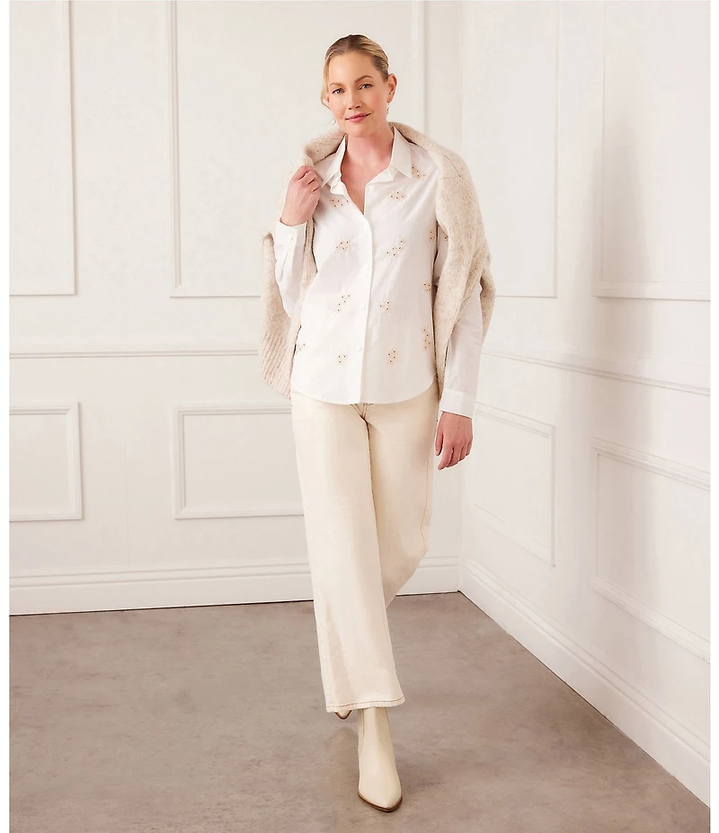 Karen Kane Embellished Collared Long Sleeve Button Up Top